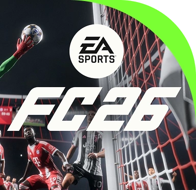 Un portiere si tuffa per fermare la palla durante una intensa partita di EA Sports FC mentre i giocatori competono in uno stadio gremito.
